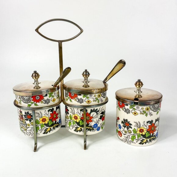 Royal Norfolk Staffordshire UK Condiment Jars Set Of 3 With Holder Spoons Floral - Picture 1 of 8
